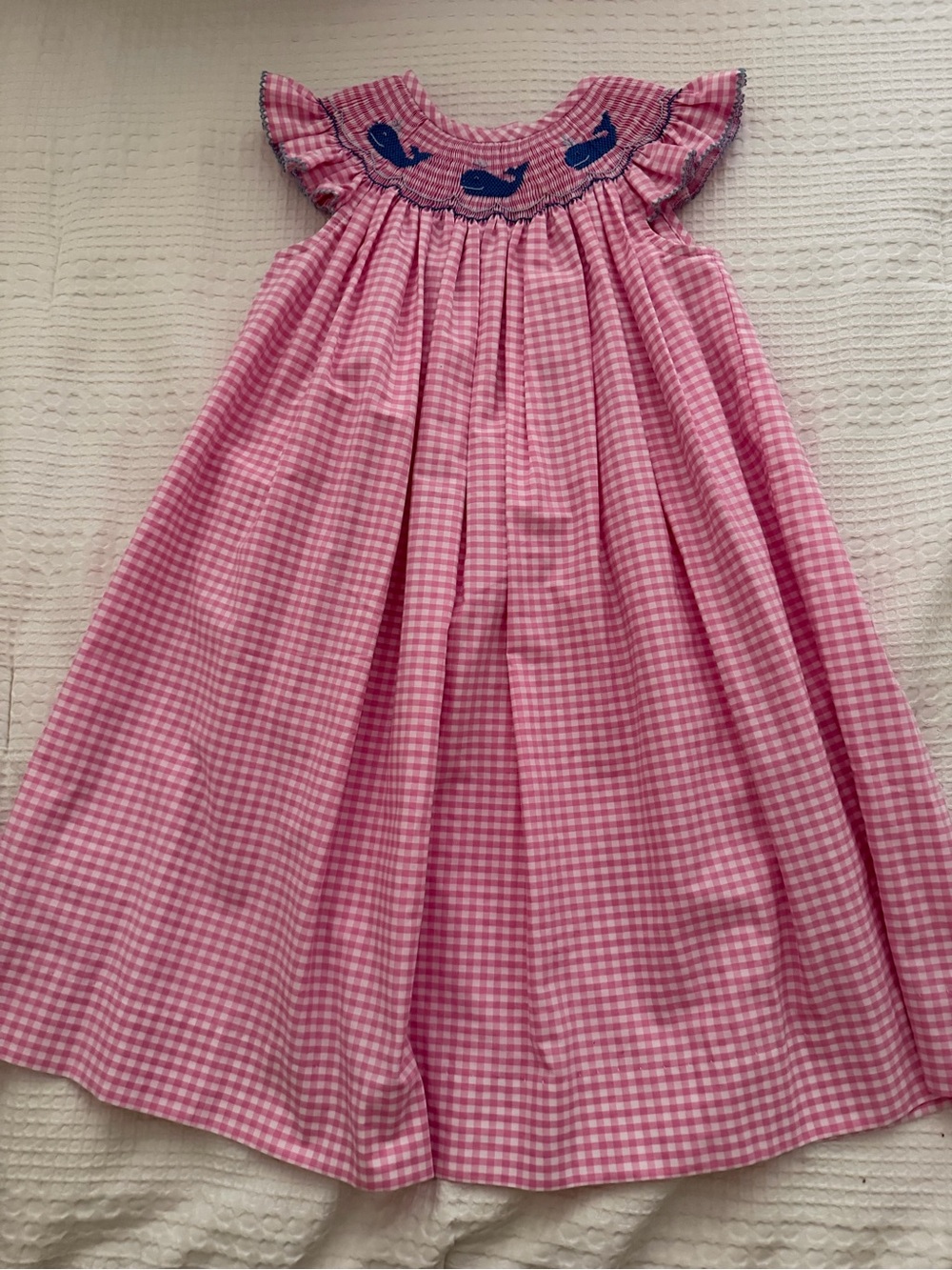 Girls Pink Gingham Smocked Whale Dress